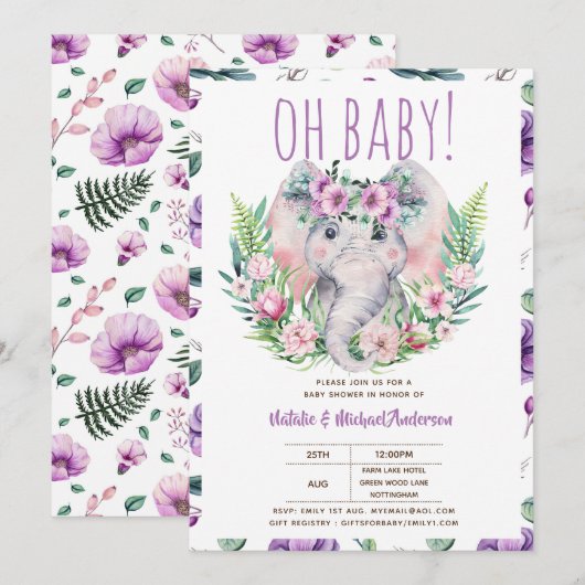Oh Baby Olifant met Paarse Bloemen Moderne Douche Kaart (Voorkant / Achterkant)
