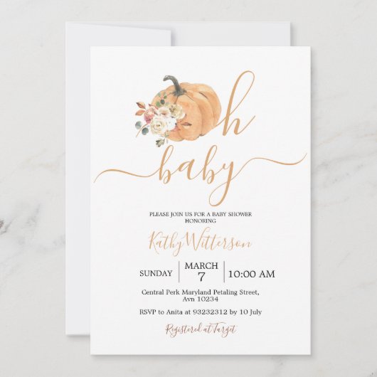 Oh Baby Oranje Pumpkin Floral Baby shower Kaart (Voorkant)