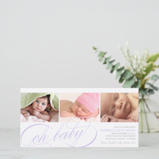 Oh Baby | Paarse scriptgeboorteaankondiging Aankondiging (Staand voorkant)