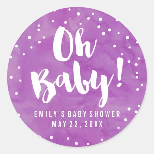 Oh Baby Paarse Waterverf Baby shower Ronde Sticker (Voorkant)