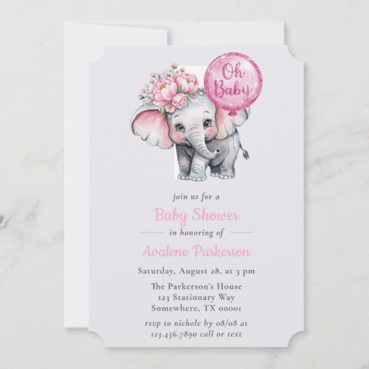 Oh Baby Painted Elephant Floral Girl Baby shower Kaart (Voorkant)