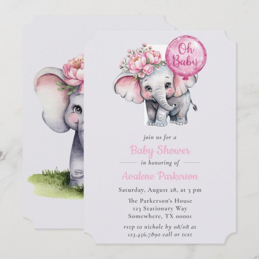 Oh Baby Painted Elephant Floral Girl Baby shower Kaart (Voorkant / Achterkant)
