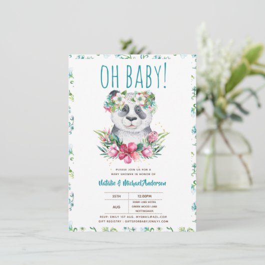 Oh Baby Panda Beer Waterverf Bloemrijke Boho Douch Kaart (Staand voorkant)