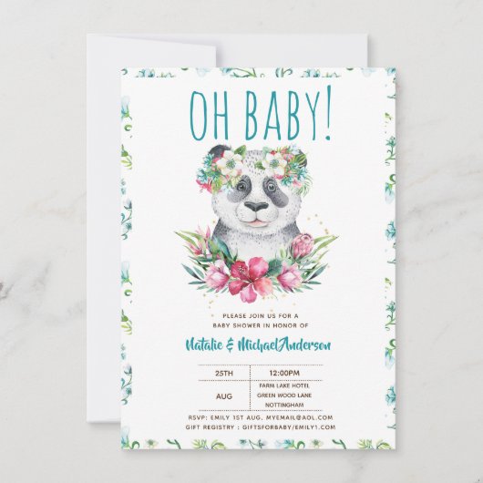 Oh Baby Panda Beer Waterverf Bloemrijke Boho Douch Kaart (Voorkant)