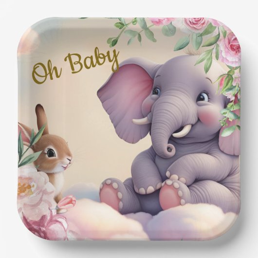 Oh Baby papieren borden, olifant en konijn Papieren Bordje (Voorkant)