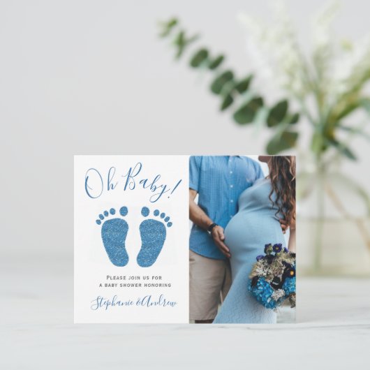 Oh Baby paren Foto Baby shower jongen Aankondigingskaart (Staand voorkant)
