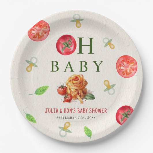 Oh Baby Pasta & Fopspenen Baby shower Papieren Bordje (Voorkant)