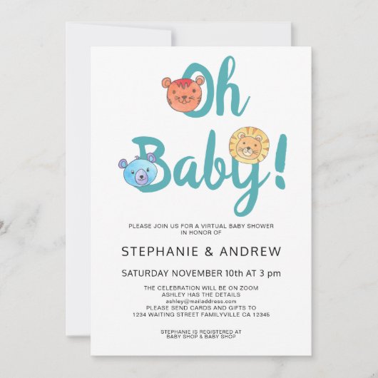Oh Baby Pastel Cute Animals Virtueel Baby shower Kaart (Voorkant)