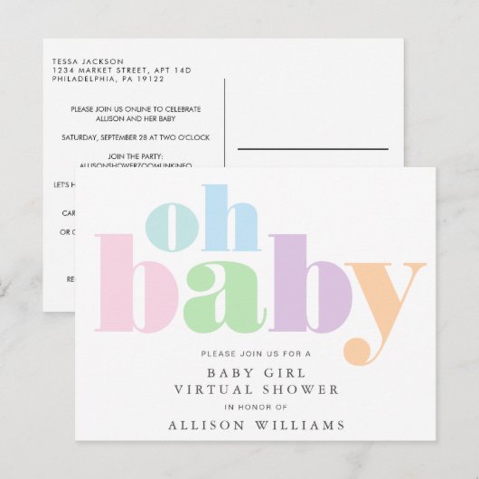 Oh Baby Pastel Typografie Virtual Baby Meisje Douc Uitnodiging Briefkaart (Voorkant / Achterkant)