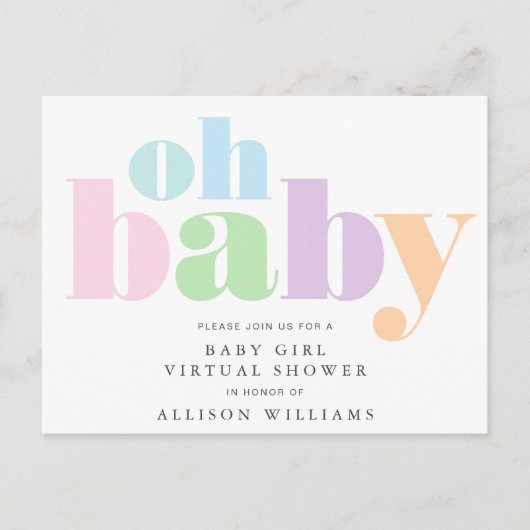 Oh Baby Pastel Typografie Virtual Baby Meisje Douc Uitnodiging Briefkaart (Voorkant)
