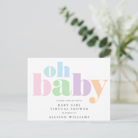 Oh Baby Pastel Typografie Virtual Baby Meisje Douc Uitnodiging Briefkaart (Staand voorkant)