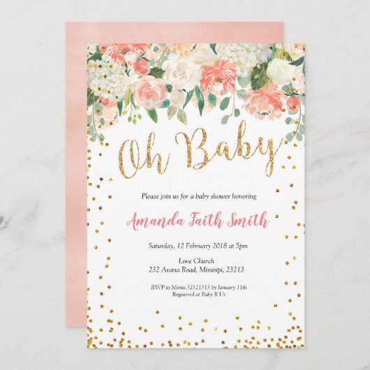 Oh Baby Peach Floral Baby shower Uitnodiging (Voorkant / Achterkant)