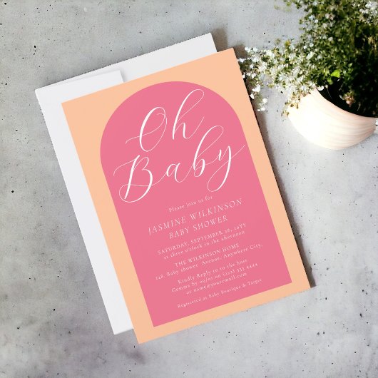 Oh baby peach fuzz roze modern script baby shower kaart