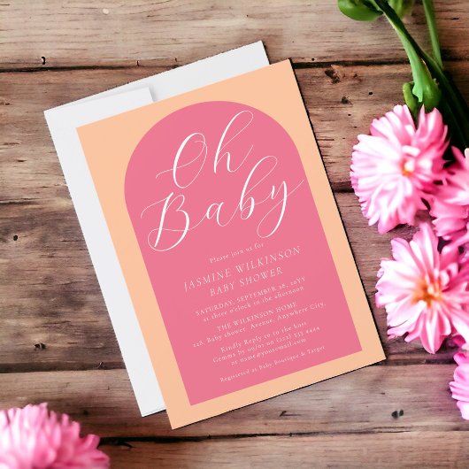Oh baby peach fuzz roze modern script baby shower kaart
