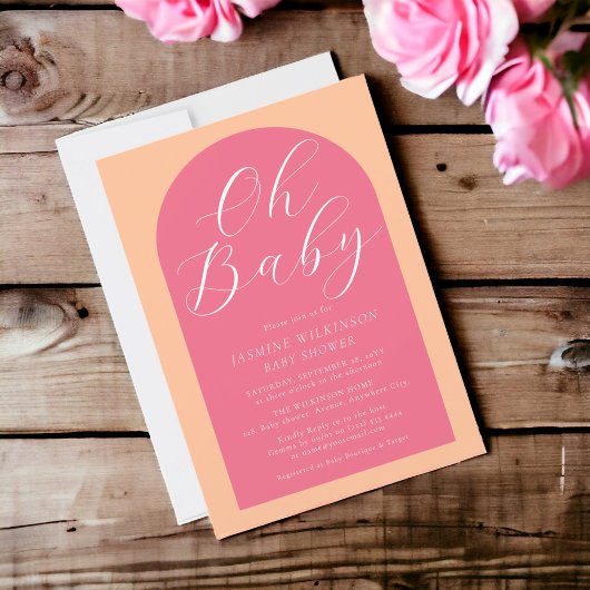 Oh baby peach fuzz roze modern script baby shower kaart