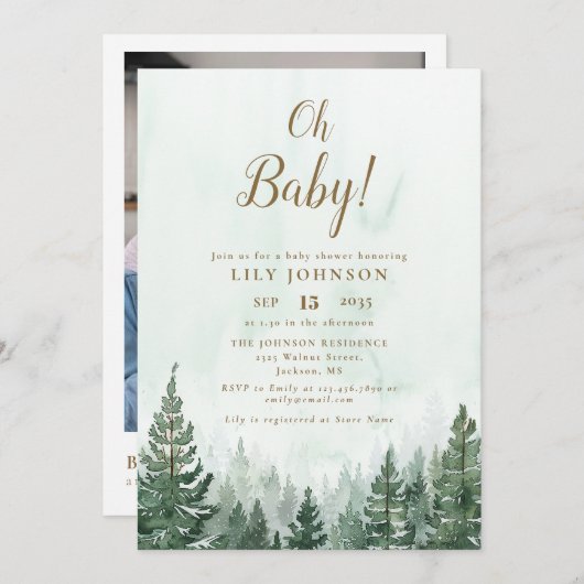 Oh Baby Pine Tree Forest Baby shower Foto QR-code Kaart (Voorkant / Achterkant)