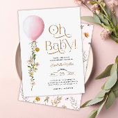 Oh Baby Pink Balloon Floral Baby shower Invitation Kaart