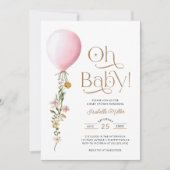 Oh Baby Pink Balloon Floral Baby shower Invitation Kaart (Voorkant)