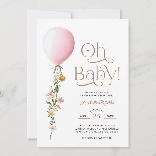 Oh Baby Pink Balloon Floral Baby shower Invitation Kaart (Voorkant)