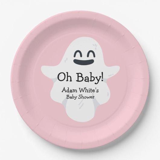 Oh Baby Pink Ghost Halloween Baby shower Papieren Bordje (Voorkant)