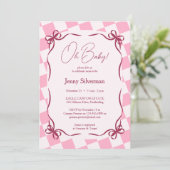 Oh Baby Pink Gingham Bows Baby Shower Kaart (Staand voorkant)