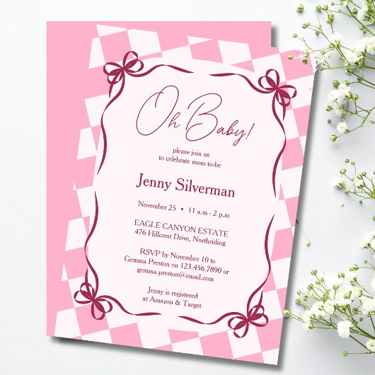 Oh Baby Pink Gingham Bows Baby Shower Kaart