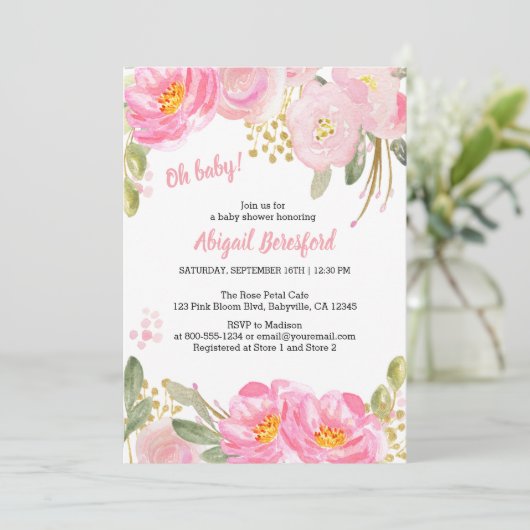 Oh Baby Pink Gold Floral Waterverf Baby shower Kaart (Staand voorkant)