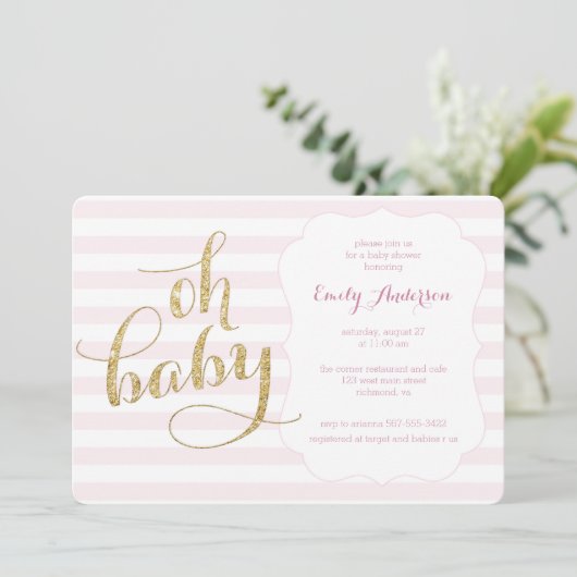 Oh Baby Pink Gold Glitter Baby shower Uitnodigen Kaart (Staand voorkant)