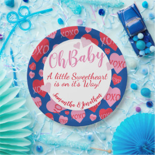 Oh Baby Pink Red Sweethearts Baby shower Blauw Papieren Bordje