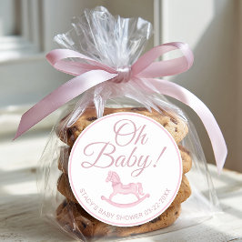 Oh Baby Pink Rocking Horse Baby Shower Favor  Ronde Sticker