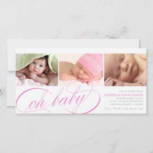 Oh Baby | Pink Script Geboorteaankondiging Aankondiging (Voorkant)