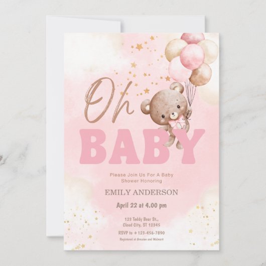 Oh Baby Pink Teddy Bear Balloons Girl Baby Shower  Kaart (Voorkant)