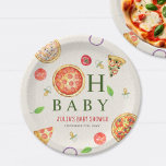 Oh Baby Pizza   Baby shower Pacifiers Papieren Bordje<br><div class="desc">Pizza & Pacifiers baby shower pizzapagina met illustratie van een pepperoni pizza die is opgenomen in het ontwerp "oh baby" met pizza,  tomaat,  basilicum,  uien en pacifier-illustraties overal.</div>