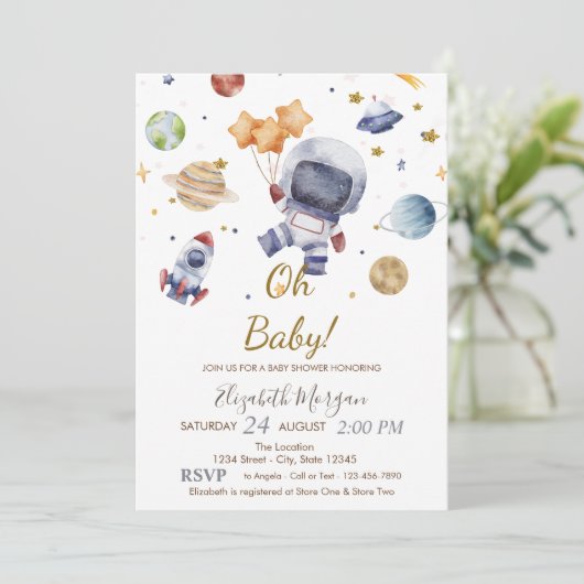 Oh Baby Planet Astronaut Baby shower Kaart (Staand voorkant)