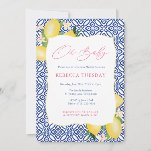 Oh Baby Positano Lemons Pink Girl Baby shower Kaart (Voorkant)