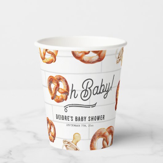 Oh Baby Pretzels & Fopspenen Neutraal Baby shower Papieren Bekers (Voorkant)