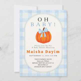 Oh Baby Pumpkin Blauwe Gingham Baby Shower Kaart