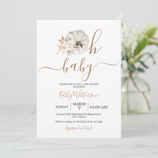 Oh Baby Pumpkin Rustic Floral Baby shower Kaart (Staand voorkant)