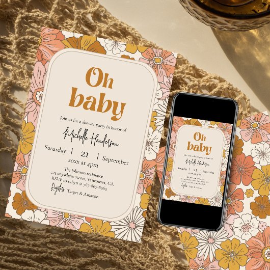 Oh baby Retro Boho Floral baby shower Zwangerschap Kaart