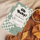 Oh Baby! Retro Checkered Sage Green Baby Shower  Kaart