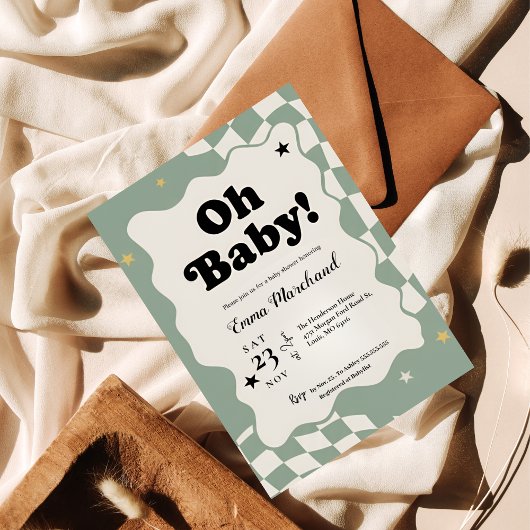 Oh Baby! Retro Checkered Sage Green Baby Shower  Kaart