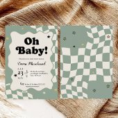 Oh Baby! Retro Checkered Sage Green Baby Shower  Kaart