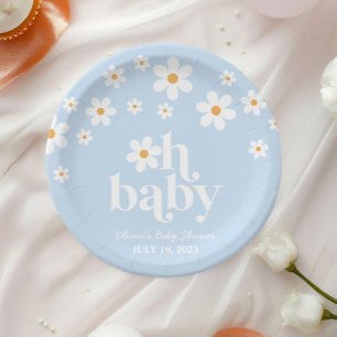Oh Baby! Retro madeliefje blauwe boho baby shower Papieren Bordje