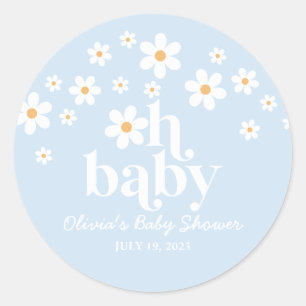 Oh Baby! Retro madeliefje blauwe boho baby shower Ronde Sticker