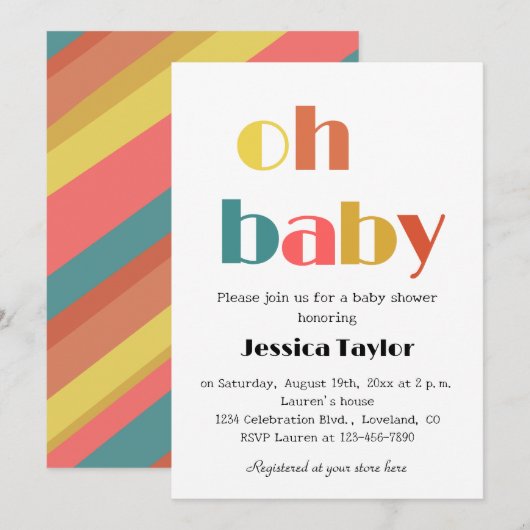 Oh Baby Retro Rainbow Baby shower Invitation Kaart (Voorkant / Achterkant)