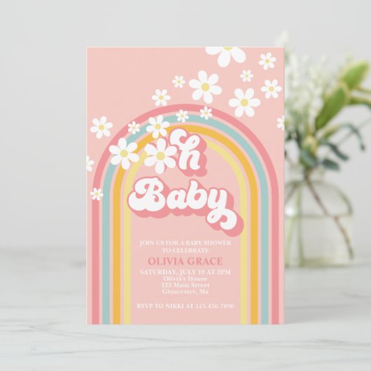 Oh Baby Retro Rainbow Daisy Baby shower Kaart (Staand voorkant)