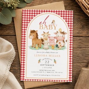 Oh Baby! Rode Gingham Boerderij Dier Baby Shower Kaart