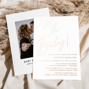 Oh Baby Roos Gold Script Photo Baby shower Folie Uitnodiging