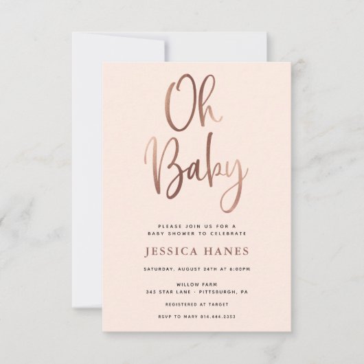 Oh Baby Roos Goudfolie Baby shower Uitnodiging (Voorkant)