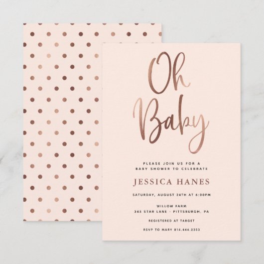 Oh Baby Roos Goudfolie Baby shower Uitnodiging (Voorkant / Achterkant)